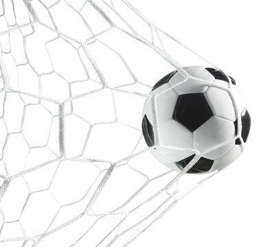 Soccer ball over the goal net, goal line ball with transparent background. 