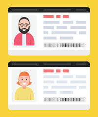 ID cards. Personal info data. Identification document with person photo. Vector.
