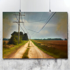 Fototapeta na wymiar Wall art of an old dirt road and powerlines