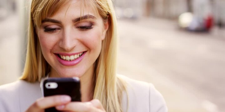 Wow, phone and woman with on social media in a city or street excited by a discount deal screen notification. Loan, smile and happy girl reading an announcement or fake news on a website on internet
