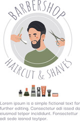 Poster barbershop hairstyle logo, fashion design barber salon haircut and shave isolated on white, flat vector illustration.