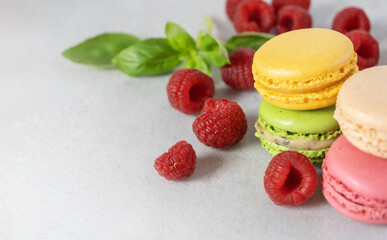 Fruity Macaroons, macarons with Raspberries on a gray background with copy space. Confectionery with berries.