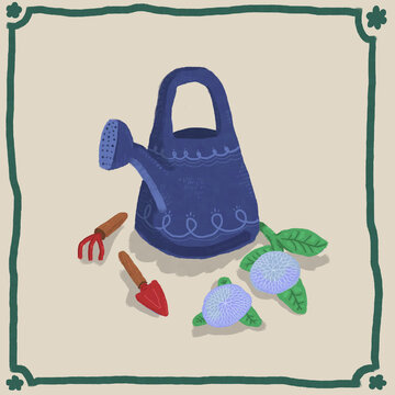 Vector illustration of blue watering can on beige background