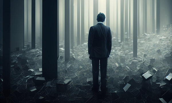 Businessman in suit stands in dark grey destroyed forest full of garbage. Postproducted generative AI illustration.
