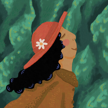 Woman in red hat on green background