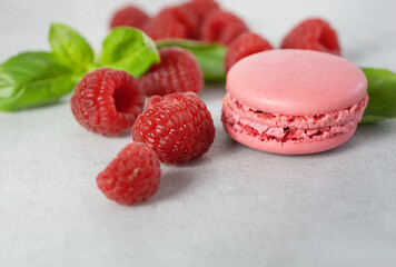red raspberries and one pink macaron on a gray background with copy space. Dessert. Healthy and...