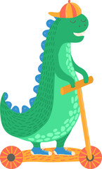 Obraz premium Fashionable, cartoon dinosaur ride on transport, fun scooter, vehicle, flat style vector illustration, isolated on white.
