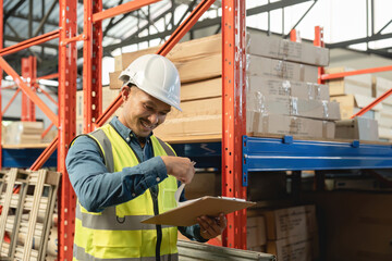 Asian man wearing reflective jacket holding checklist paper standing in factory warehouse.