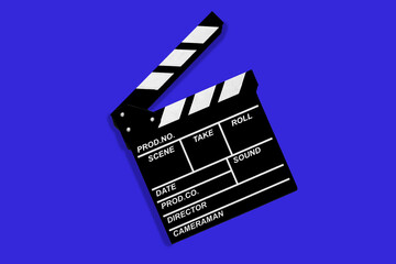 Fototapeta na wymiar Clapperboard for shooting video footage takes on a blue background