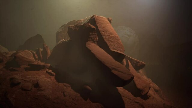 Desert with falling radioactive ash and ruins of a past civilization, 3d visualization