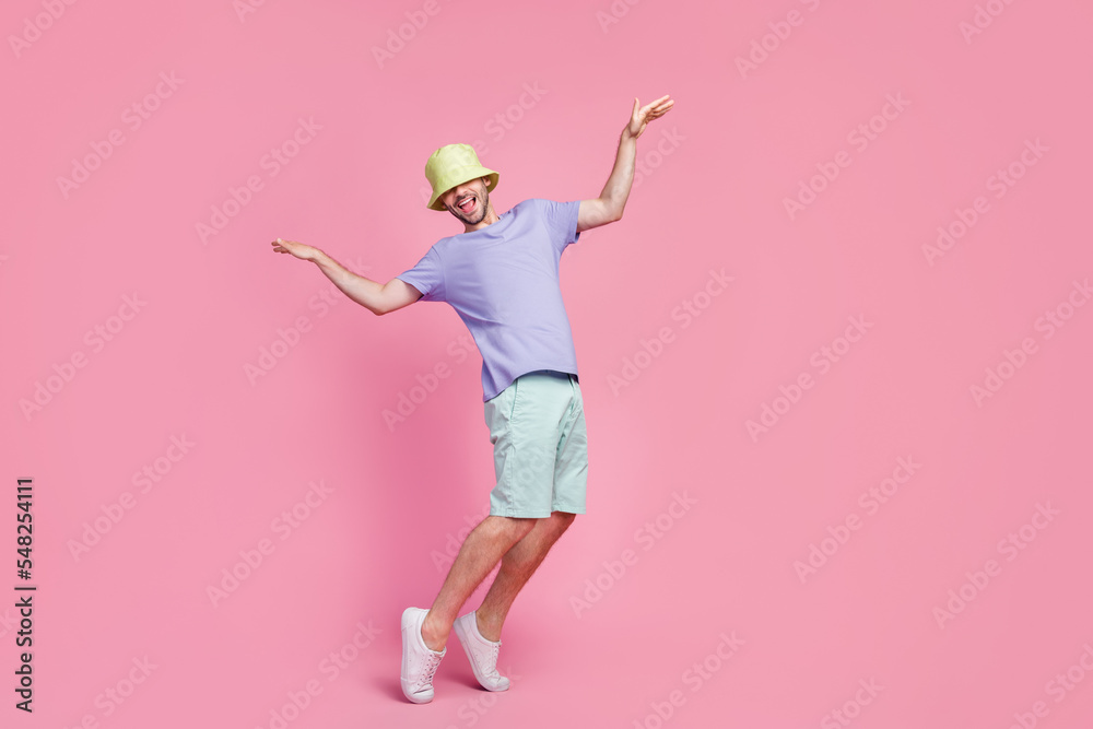 Sticker full length photo of joyful dude boy enjoy party stand toes good mood empty space isolated on pink c