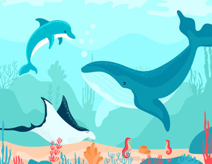 Funny, oceanic landscape in cartoon style, underwater world, sea coral reef, design, flat vector illustration, isolated on white.