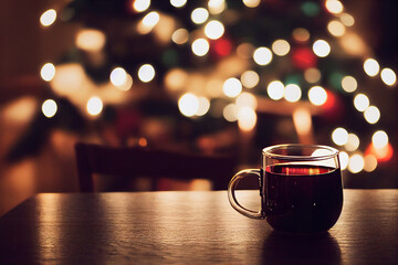 Mug of mulled wine on a festive Christmas table.