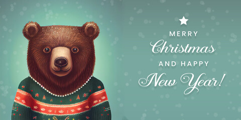  Christmas banner with cute bear cub wearing ugly Christmas sweater. Merry Christmas and Happy New Year. 3d illustration © TimeaPeter