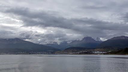 The snow capped Martial Mountains seen from the Beagle Channel, near Ushuaia, Argentina