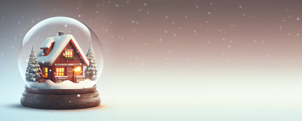 Christmas banner with snow globe. Winter village. Merry Christmas and Happy New Year. 3d illustration.