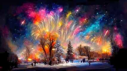 Fireworks in the cold winter night, landscape covered with snow, Christmas Eve, New Year