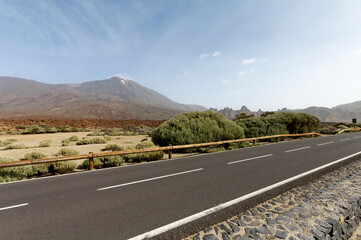 Droga przez Park Narodowy Teide z wulkanem teide w tle.
