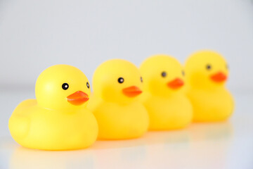 Four yellow rubber ducks standing in a row order, concept for organisation and sameness, to get one’s ducks in a row. Work or business speak.