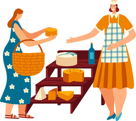Woman buy homemade cheese and wine from marketplace, character female seller cheese isolated on white, flat vector illustration.