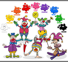 basic colors for kids with group of cartoon colorful clowns