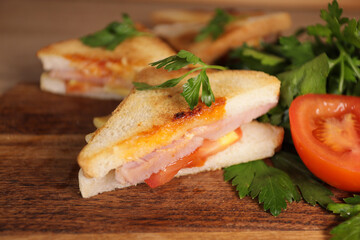 sandwich with ham, tomato and herbs on the table
