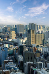 cityscape of tokyo city skyline in Aerial view with skyscraper, modern business office building with blue sky background in Tokyo metropolis city, Japan.