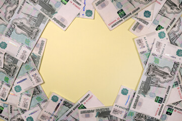 Frame of Russian rubles banknotes on a light background. copy space for text