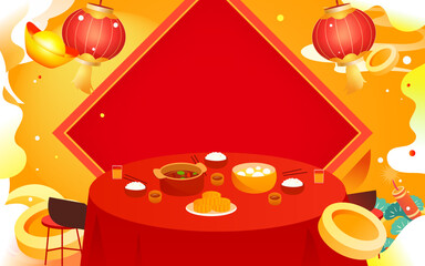New Year's Eve family having New Year's Eve dinner with various delicacies and auspicious clouds in the background, vector illustration