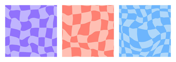 Distorted checkered 1960, 1970 seamless pattern set. Groovy retro trippy grid psychedelic background. Hippie aesthetic vibe abstract swirl chessboard. Funky y2k square templates. Vector illustration.