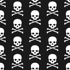 White skulls and crossed bones on black background. Vector seamless pattern. Best for textile, print, wrapping paper, package and decoration.