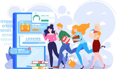 Loading concept tiny character female male running online student, web device technical training isolated on white, flat vector illustration.