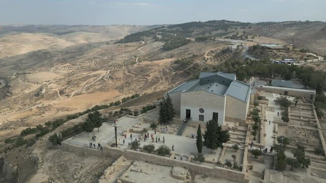 Aerial view of Memorial Church of Moses on Mount Nebo in Jordan