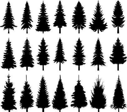 Christmas tree silhouette set, collection vector isolated