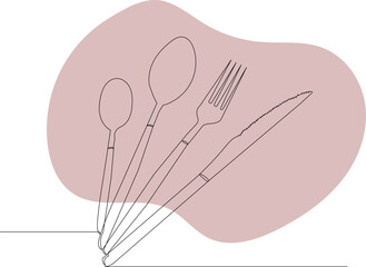 spoons, fork, knife sketch, continuous line drawing, vector