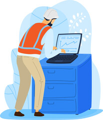 Engineer develop construction web application, character male protect helmet work laptop isolated on white, flat vector illustration.