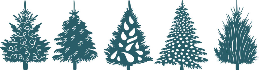 Christmas tree decorated set in flat style, isolated vector