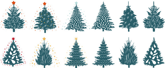 Christmas tree decorated set in flat style, isolated