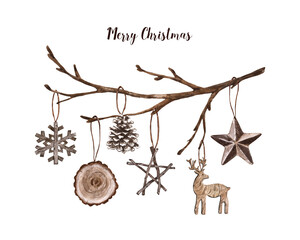 Natural Christmas decor illustration. Watercolor tree branch wreath with wooden holiday toys. Rustic twig ornament.