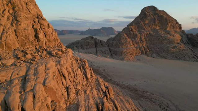 Wadi Rum mountains at sunset, aerial shot (Jordan, Asia)
