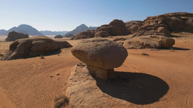 Aerial view of Mushroom Rock in Wadi Rum valley, Jordan