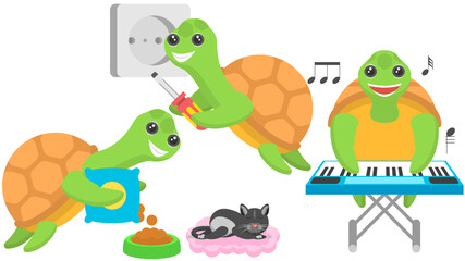 Set Abstract Collection Flat Cartoon Different Animal Turtles Mounts The Socket, Plays The Synthesizer, Feed The Cat Vector Design Style Elements Fauna Wildlife