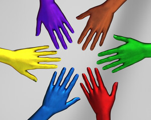 Multi-colored female hands on top of each other as a team. 3d illustration.