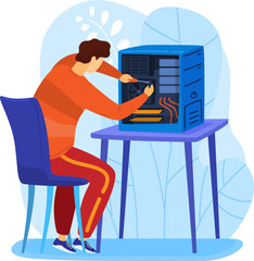 Male character engineer repair personal computer, labour fix computing machine tower isolated on white, flat vector illustration.