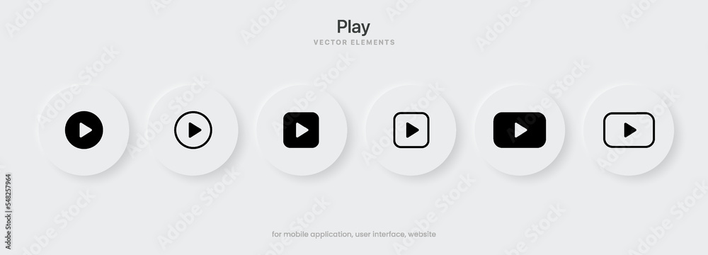 Poster 3d set of play button icon. Video play symbol. Start sign. Pause icon. Player logo button. Play music or sound vector element for UI UX, website, mobile app.