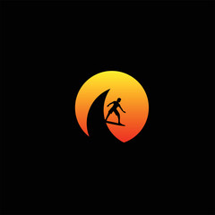 Surf logo with man silhouette sunset, board and sea waves