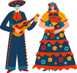 Character male female mexican costume motley carnaval people, traditional mexico suit isolated on white, flat vector illustration.