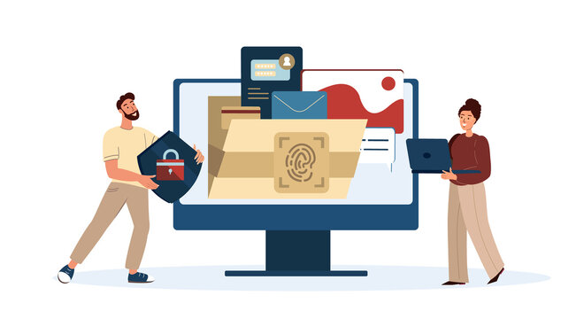 People protect Huge Computer Folder information with Lock System,Data Security,Documents Privacy, Photo Files,Docs Stack.Fingerprint,Biometrics Secure Access Protected Archive.Flat Vector Illustration