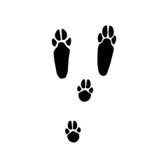 Rabbit paw silhouettes stamps. Trace of wet or mud steps of running or walking hare isolated on white background.