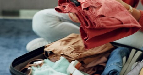 Clothes, suitcase and woman packing for holiday and travel, ready for adventure and summer getaway. Female hands pack luggage for break, open bag with vacation outfit and prepare for trip to relax.